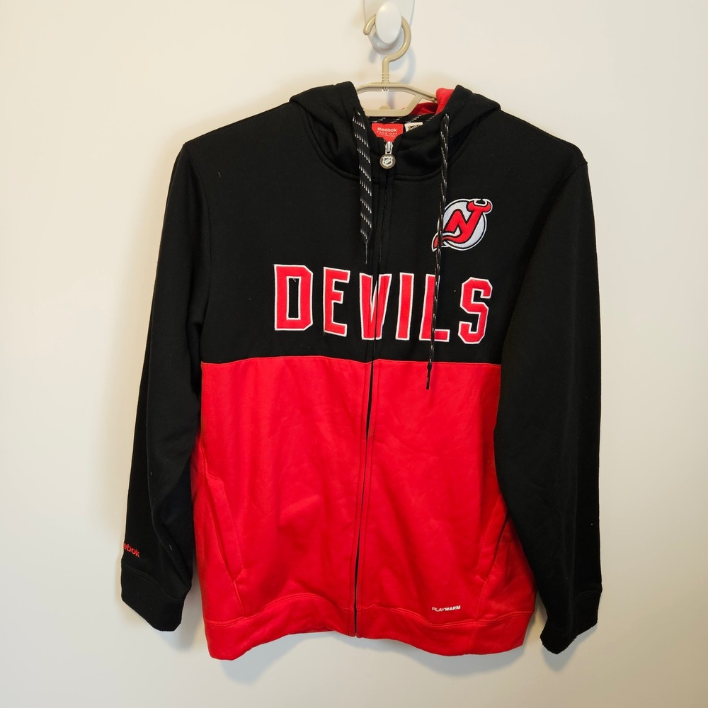 Reebok NHL New Jersey Devil Full Zip Hoodie Black Red Large Hockey Fleece Warm